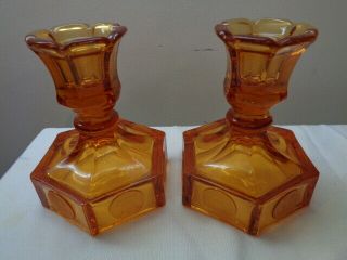 Fostoria Coin Glass Amber Candle Holders 4 1/2 " Vintage Hexagon