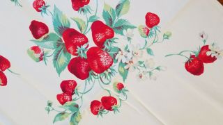 Vintage 1950 ' s Printed Cotton Floral Tablecloth Strawberries Cutter or not 3