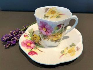 Vintage Shelley " Begonia " Bone China Demitasse Tea Cup & Saucer.  Made In England
