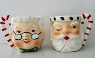 2 Vintage Lefton China Santa And Mrs.  Claus Face Christmas Candy Cane Handle Mug
