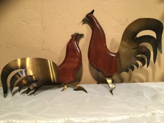 Vintage Retro Mid Century Modern Brass & Wood Chickens/roosters Wall Decor