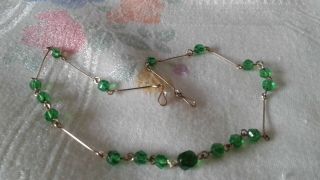 A Vintage Deco Rolled Gold?? With Green Glass Beaded Linked Necklace