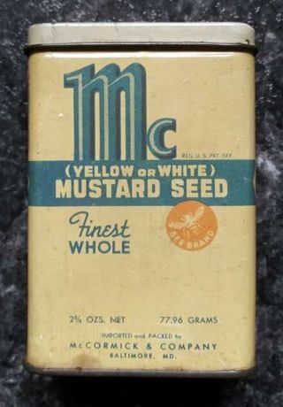 Vintage Mccormick Spice Tin 2 3/4 Ounce Whole Mustard Seed Copyright 1939