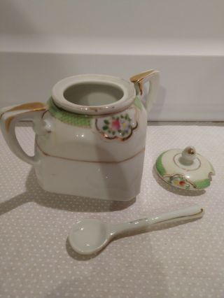 Vintage Hand Painted Nippon Lidded Salt Cellar With Mini Spoon