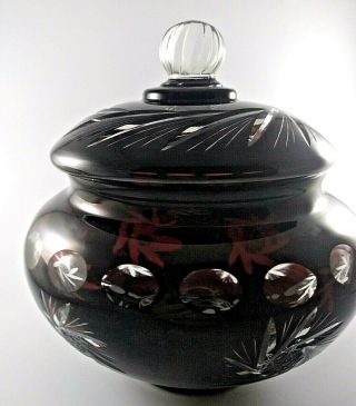Vintage Czech Bohemian Etched Ruby Glass Covered Candy Dish Pristine Cut Crystal