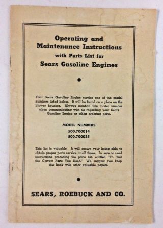 Vtg.  Sears,  Roebuck And Co Operating & Maintenance,  Parts List For Gas Engines