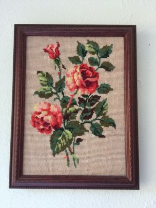 Vintage Mid Century Hand - Stitched Red Roses Floral Needlepoint Framed,  13 " X 10 "