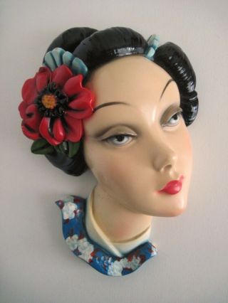 Vintage Geisha Girl Lady Face Head Bust Wall Mask Plaque Chalkware