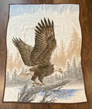 Vintage Biederlack Eagle Blanket Reversible Brown Blue Throw 72”x54” Made In Usa