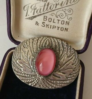 Vintage Arts & Crafts Ruskin Style Pewter Brooch Thistle Pink Cabochon Shawl Pin
