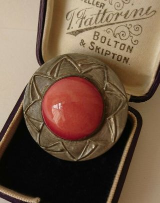 Vintage Arts & Crafts Ruskin Style Pewter Brooch Pink Cabochon Shawl Sash Pin