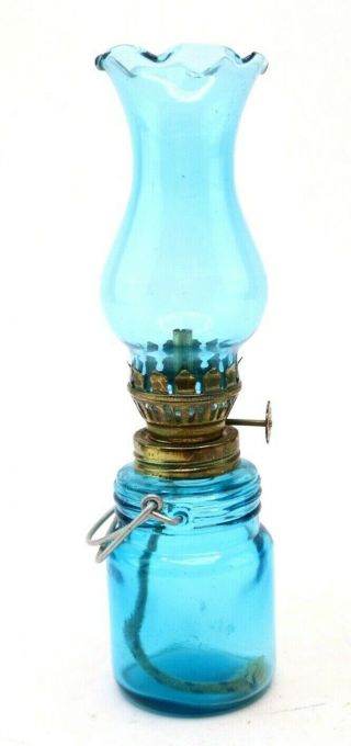 Vintage Blue Glass Finger Oil Lamp Made In Hong Kong,  Fluted W/ Brass Furniture