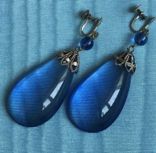 Vintage Art Deco Blue Pool Of Light Czech Glass Large Tear Drop Screw Earrings