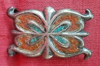 Vintage Navajo Sand Cast Sterling Silver W/ Coral & Turquoise Belt Buckle - Nr