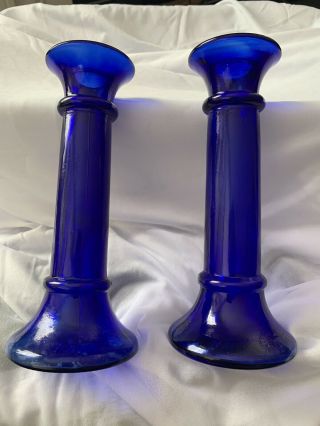 Pair Two Vintage Cobalt Blue Pressed Glass 12 Inch Candlesticks