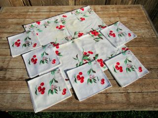 Vintage Tablecloth & 6 Napkins with Cherries - Wilendur - 49 