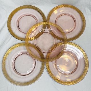 Set Of 5 Vintage Etched Pink Depression Glass Gold Rim Gilt Floral Plates 8 "