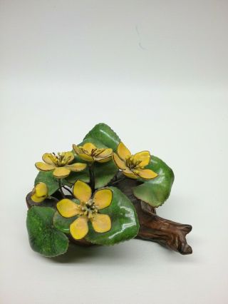 Vtg Brumm Enamel On Copper Metal Yellow Flowers & Leaves Wood Base Sculpture 4 "