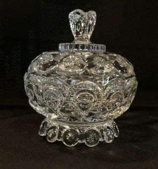 Vintage Le Smith Moon And Stars Clear Covered Compote Glass Dish 6 1/2 "
