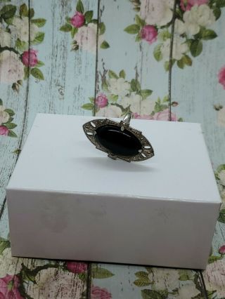 Vintage Sterling Silver Black Onyx Stone Long Ring Size 4
