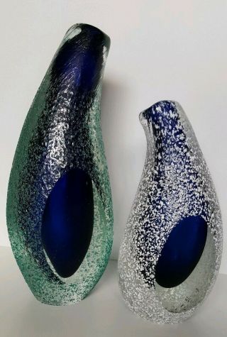 Vintage Artisan Hand Blown Art Glass Vases,  Unique Pod Shape,  Cobalt