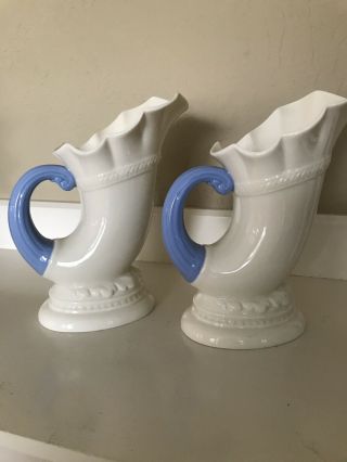 Lenox Vases.  Cornucopia Horn Of Plenty.  Set Of 2.  Vintage Ivory & Blue.  8.  25”