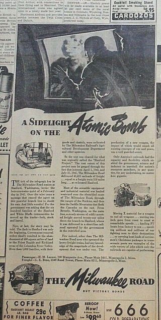 1945 Newspaper Ad For Milwaukee Road Rr - Atomic Bomb,  Moving Freight To Hanford