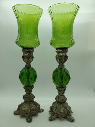 Vtg Le Smith Avacado Green Glass Brass Footed Candlesticks Holders Retro Decor
