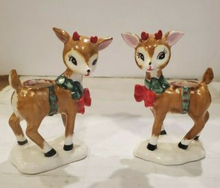 Leftons Deer Vintage Ceramic Figurine Reindeer Christmas Candle Holders Set Of 2