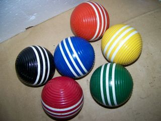 Vintage Set Of 6 Wood Wooden Ribbed Croquet Balls With 3 Stripes 3 - 1/4 "