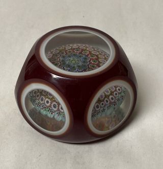 Vintage Faceted Millefiori Cut Red Overlay Art Glass Paperweight