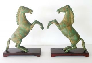 Vintage Pair Metal Bronze Look Chinese Victory Horse Figurines Wooden Bases