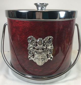 Vintage Red Mid Century Ice Bucket With Coat Of Arms And Starburst Lid.  8”