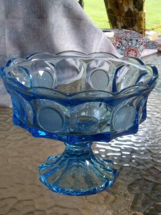 Vintage Fostoria Blue Frosted Coin Glass Large Footed Compote Bowl