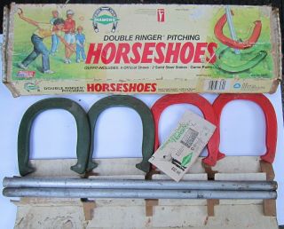 Vintage Nhpa Diamond Double Ringer Horseshoes Game Set Solid Metal Posts