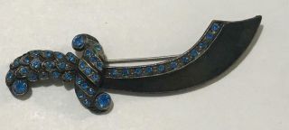Vintage Japanned Metal Oriental Sword Blue Rhinestones Brooch Pin