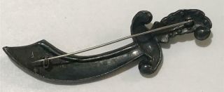 Vintage Japanned Metal Oriental Sword Blue Rhinestones Brooch Pin 2