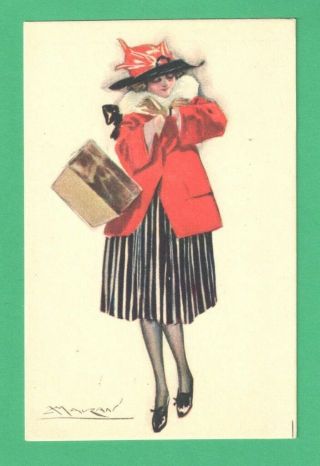 Vintage Mauzan Art Postcard Fashionable Lady Gift Red Coat/bonnet