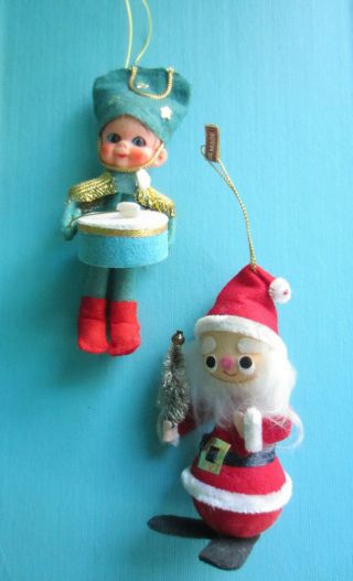 (2) Vintage Christmas Tree Ornaments - Drummer Boy.  Santa 1950 