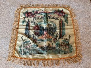 Vintage Souvenir York Pillow Cover With Fringe 20” Wonder City Of The World