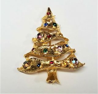 Vintage Signed Weiss Multi Color Rhinestone Christmas Tree Brooch Pin 5 Tier