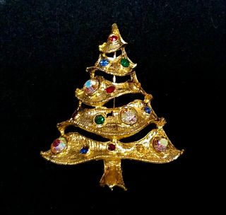 Vintage Signed WEISS Multi Color Rhinestone Christmas Tree Brooch Pin 5 Tier 2