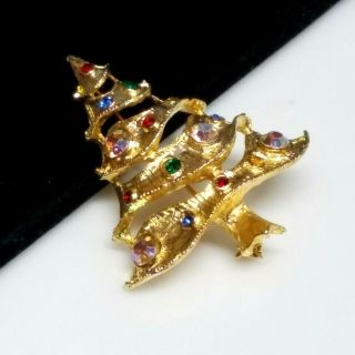 Vintage Signed WEISS Multi Color Rhinestone Christmas Tree Brooch Pin 5 Tier 3