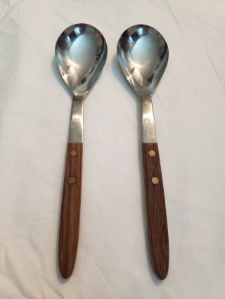 2 Vintage Warco Serving Spoons Stainless Steel Wood Handle Japan