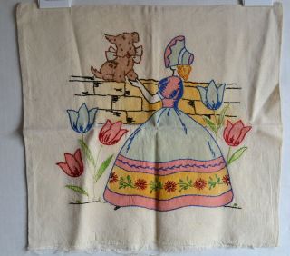C1940s Vintage Embroidered Sunbonnet Sue Style Pillow Crinoline Skirt & Puppy