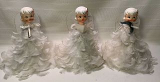 3 Vtg Holt Howard Christmas Angels Ceramic Heads Feather Bodies Musical Cute
