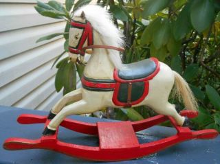 Vintage Wooden Rocking Horse W/ Leather Ears,  Fur Mane,  Straw Tail Toy