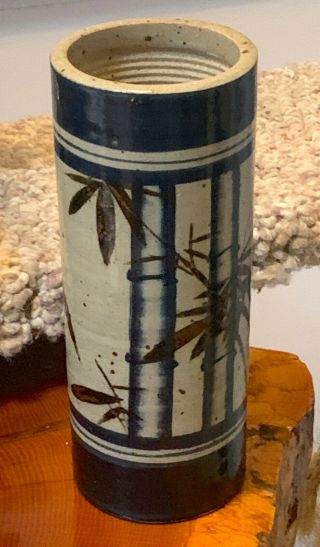 Vintage 1960s Carolinas Studio Art Glazed Ceramic Stoneware 9 " Bamboo Motif Vase