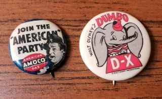 2 Vintage Advertising Pinbacks " Dumbo " D - X Gas And Amoco Both Display Well
