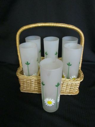 Vintage Federal Set Of 6 Tom Collins Frosted Glasses Hand Painted Daisy W/holder